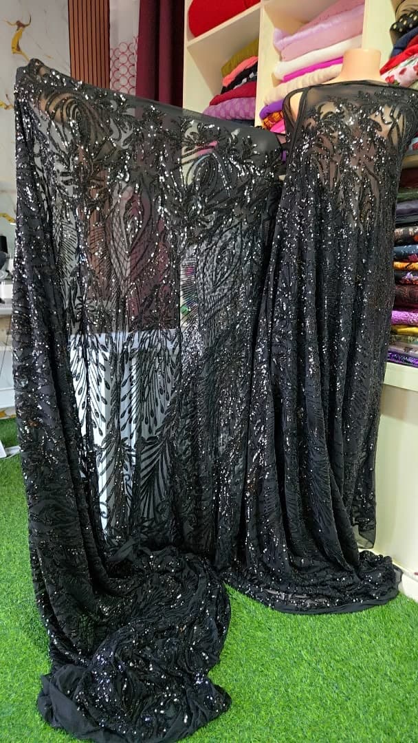 Midnight Plume — Black Sequin Embroidered Stretch Net — image 1